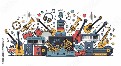 Colorful musical instruments on display.