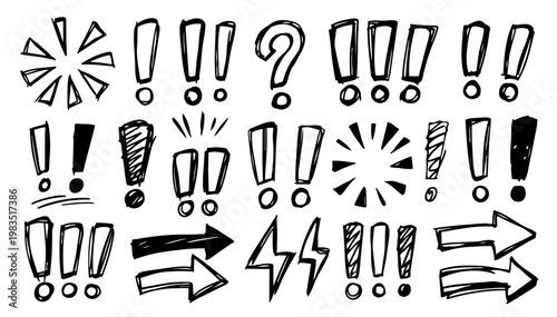 Hand drawn doodle vector set of emphasis marks for text highlights and annotations, playful sketchy ink pen symbols, bold outline accents, and attention elements for UI, notes, 
