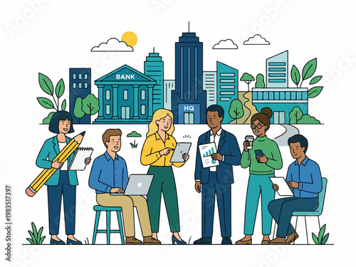 Group of people working together in front of a city skyline with a bank building  people working on laptops and papers with buildings in the background