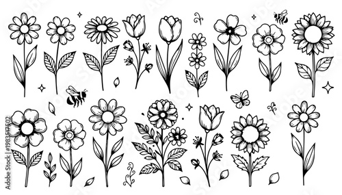 Hand drawn doodle vector set of flower doodles, playful sketchy ink pen floral elements, blooming shapes, leaves, petals, and decorative botanical accents for UI, notes, and social media