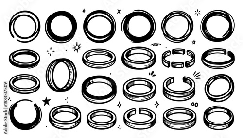 Hand drawn doodle vector set of hand drawn ring shapes for highlights and frames, sketchy ink pen circle loops, outline rings, and decorative round elements for UI, notes, and social media