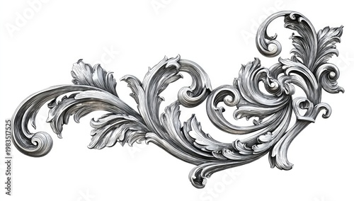 Ornate, silver-toned, scrolling floral design against a white backdrop