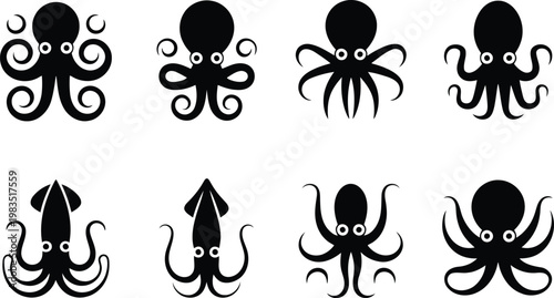 Black and white collection of marine cephalopods octopuses and squid