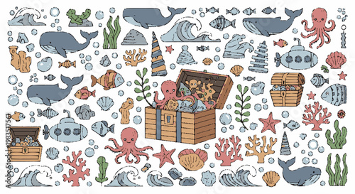 Colorful ocean creatures and treasure chest.