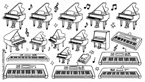 Tableau sur toile Hand drawn doodle vector set of grand pianos and keyboards for music education a