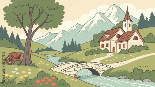 Idyllic landscape, countryside scene, rural village, mountain view
