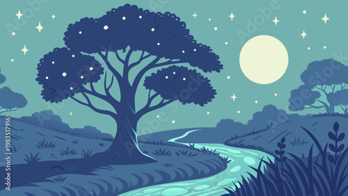 Moonlit night landscape, serene nature scenery, blue vector illustration, dreamy countryside