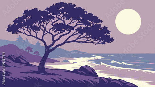 Moonlit tree, purple landscape, ocean view, vector illustration, night scenery