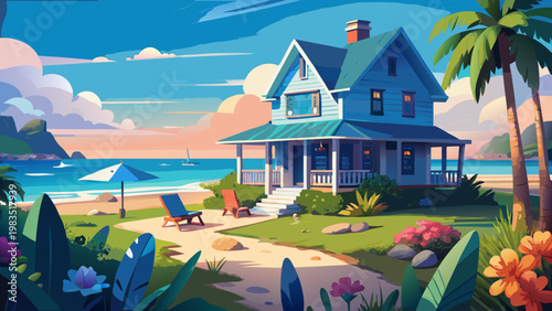 Beach house, tropical resort, coastal home, vector illustration