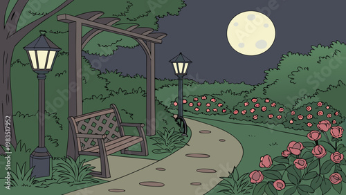Moonlit garden path, nighttime scenery, park bench, floral landscape, vector illustration