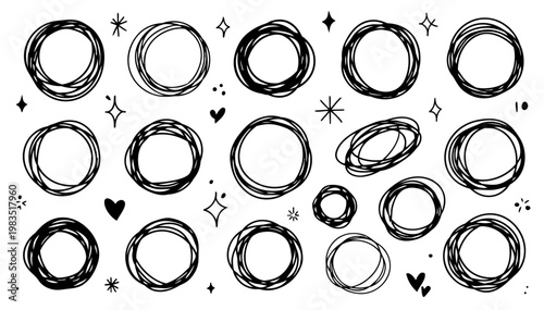 Hand-drawn Scribble Circle Frames and Messy Round Borders; Vector Doodle Set for Highlighting Text and Branding Elements; Collection of Monochrome Sketchy Rings with Stars and Hearts for Modern UI