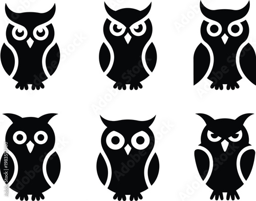 Stylized owl collection a set of six black silhouette owl illustrations