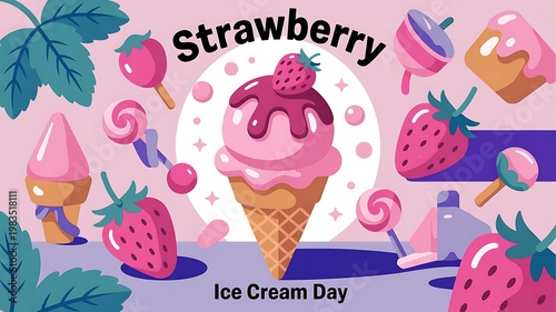 Strawberry ice cream day festive graphic design with various ice cream treats and fresh strawberries, strawberry