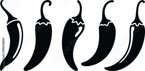 Five black silhouette chili peppers a spicy vector illustration