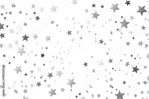Scattered shimmering silver stars of various sizes against a clean white background