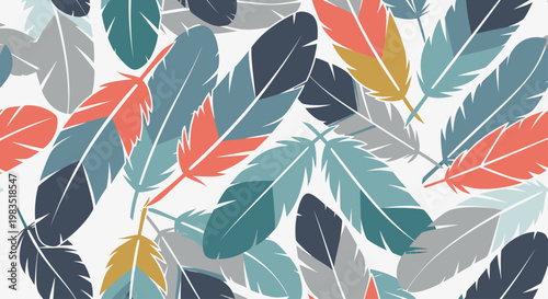 Scattered feathers in blue, gray, coral, and gold on a white background