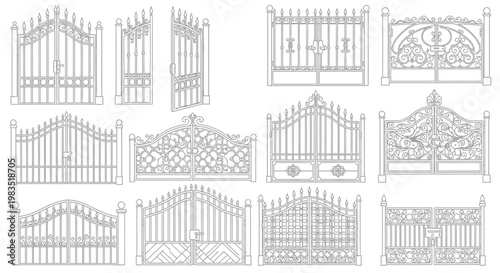 Collection of ornate wrought iron gates in a black and white design