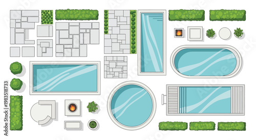Aerial view of a backyard landscape with pools patios and greenery