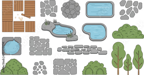 Top down view of garden elements including ponds trees and paving