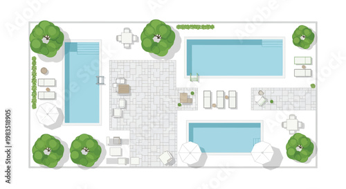 Aerial view of a modern backyard with pools patios and landscaping