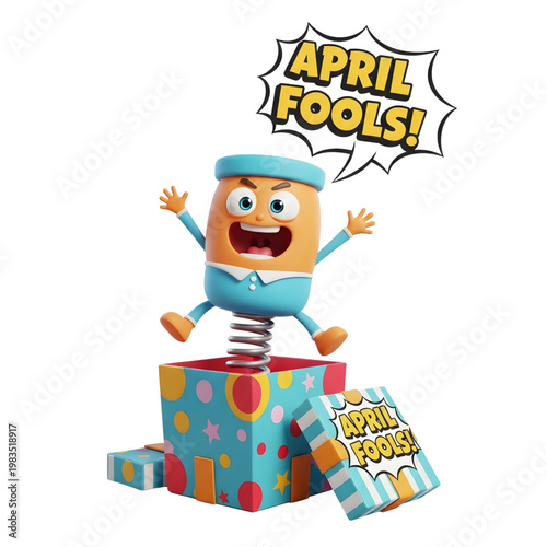 Cartoon Character Jumping Out of Colorful Box with April Fools Message