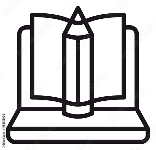 Minimalist black line vector icon featuring a laptop with an open book and a pencil on the screen, symbolizing e-learning, online education, digital study, distance learning, and academic technology.