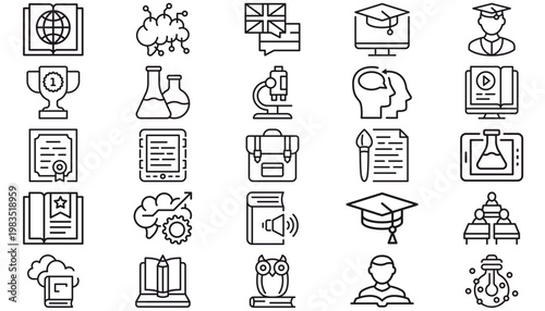 25 Minimalist Black Line Vector Icon Set for Education, Science, and Technology featuring Graduation Cap, Microscope, AI Brain, E-learning, Books, Laboratory Flasks, and Achievement Symbols Bundle