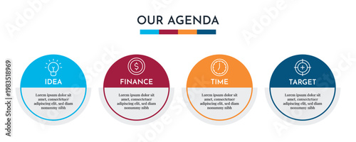 Our Agenda Circle Badge Infographic with Four Step Workflow and Minimal Modern Design Vector Illustration,
