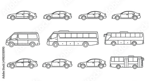Line art illustration depicting various types of passenger vehicles and buses
