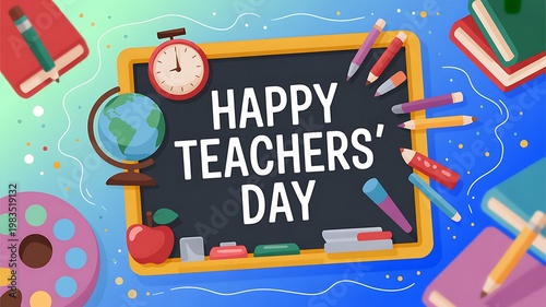 Happy teachers day educational concept with blackboard globe books and school supplies education classroom learning