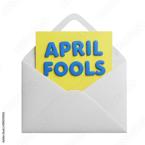 APRIL FOOLS Message in White Envelope on White Background