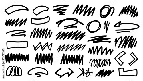 Hand drawn doodle vector set of rough pen decorations for expressive design, sketchy ink pen accents, messy scribble elements, grunge style marks, and decorative details for UI, notes, etc.