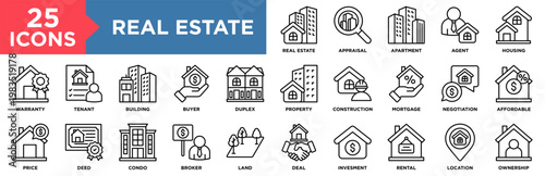 Real Estate Icon Set Collection. Icon Pack Contain Property, Housing, Building, Apartment, Condo, Mortgage, Rental, Tenant, Affordable, Appraisal