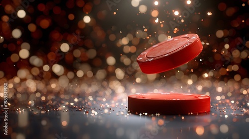 Casino scene with a red gambling chip suspended above another, bokeh background