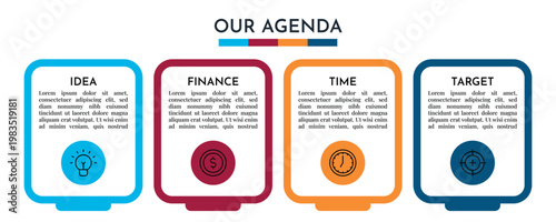 Our Agenda Bottom Tab Card Infographic with Four Step Process and Clean Layout Vector Illustration,
