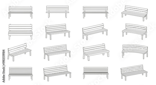 Collection of various park benches displayed in a grid arrangement