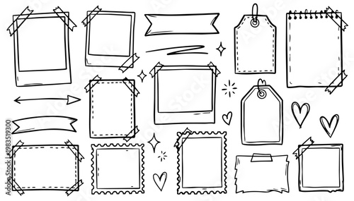 Hand drawn doodle vector set of scrapbook style decorations for journaling and craft design, clean natural ink pen elements, smooth confident outline shapes, frames, accents, and creative decorative 