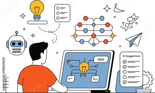 Man using artificial intelligence for creative ideas and task management with bot lightbulb and brain network monoline vector