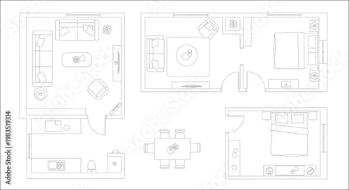 Architectural floor plan sketches depicting room layouts and furniture arrangements