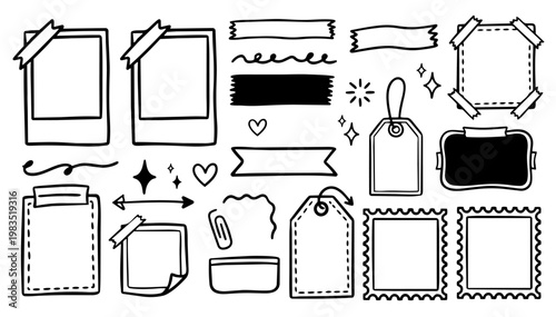 Hand drawn doodle vector set of scrapbook style decorations for journaling and craft design, clean natural ink pen elements with smooth confident outlines, frames, shapes, and decorative accents