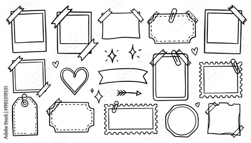 Hand drawn doodle vector set of scrapbook style decorations for journaling and craft design, clean natural ink pen elements with smooth confident lines, frames, accents, and decorative shapes