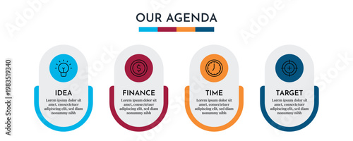 Our Agenda Circular Step Infographic with Four Rounded Elements and Modern Icon Design Vector Illustration,