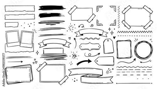 Hand drawn doodle vector set of scrapbook style strokes for highlights and decoration, playful sketchy ink pen lines, brush accents, underlines, and clean outline elements for journaling, UI, and etc 