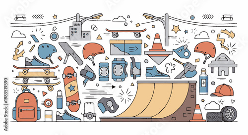 Skateboarding Equipment and Park Elements Collection.