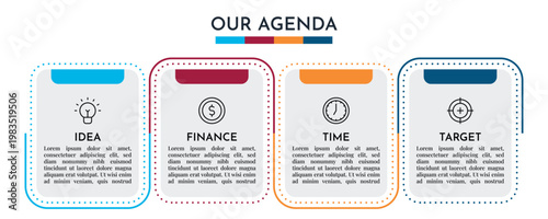 Our Agenda Card Style Infographic with Top Tabs and Four Step Business Process Vector Illustration,
