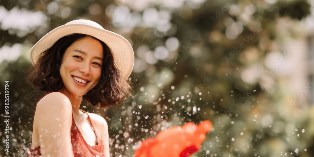 Fototapeta premium Young woman laughing with water splash in outdoor garden