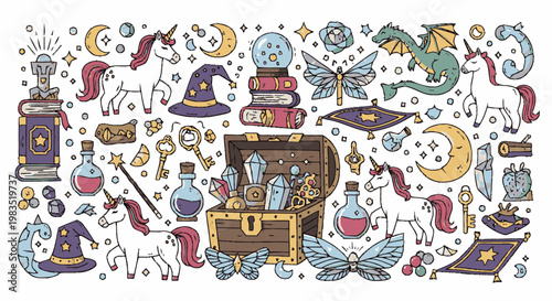 Whimsical fantasy magic witchcraft objects.