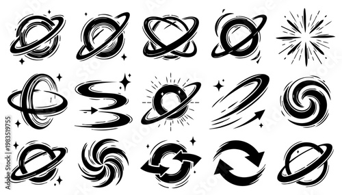 Space Icon Set Hand-Drawn Planets with Rings, Galactic Swirls, Celestial Orbits, and Cosmic Stars. Minimalist Black and White Vector Illustrations for Science, Astronomy, and Creative Design.