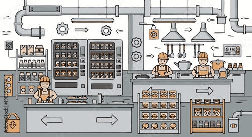 Workers in an industrial kitchen setting.