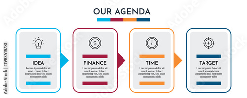 Our Agenda Vertical Card Infographic with Arrow Indicators and Step by Step Workflow Vector Illustration,